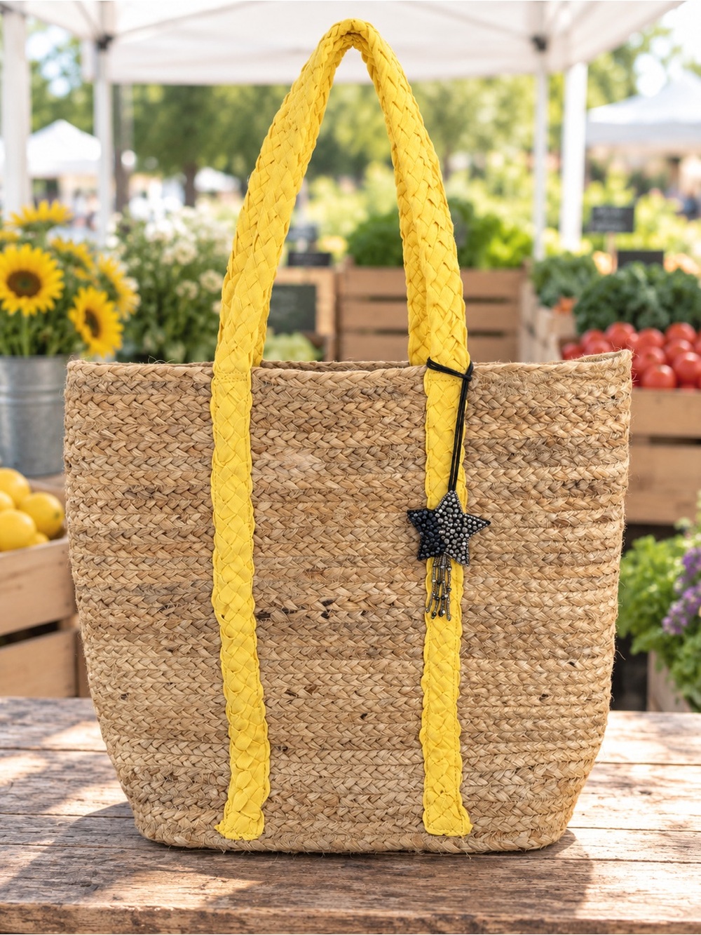 Yellow-Trim Straw Tote Bag